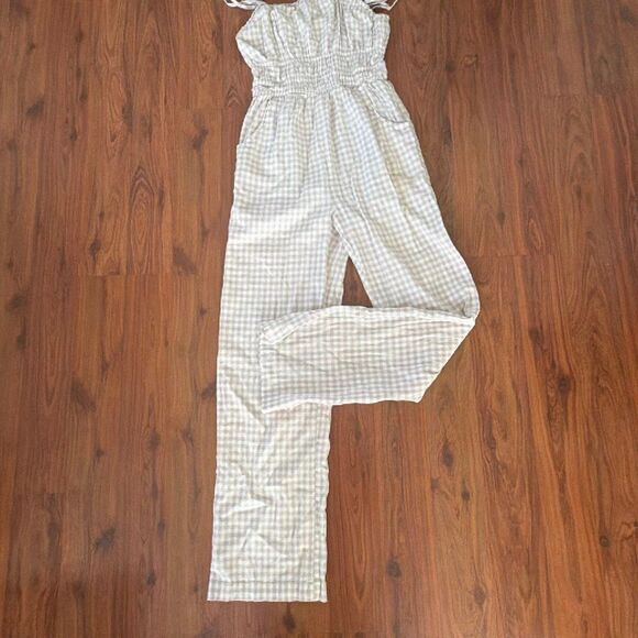 sincerely Jules Pants - Sincerely Jules gingham 100% cotton tan white pants jumper jumpsuit spaghetti st